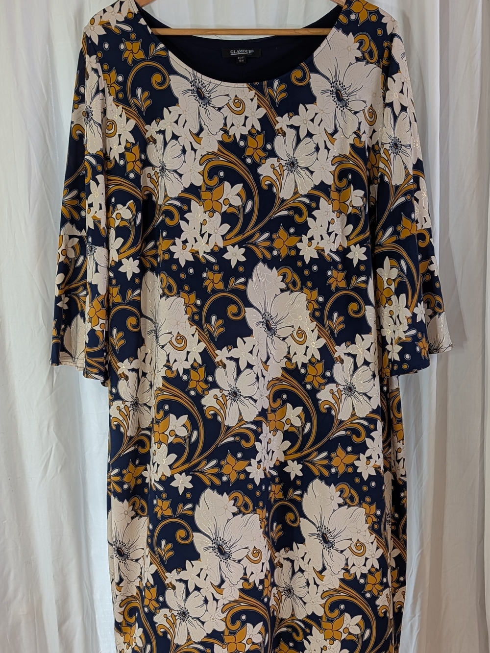 GLAMOUR Navy Floral Midi Dress w/Bell Sleeves in Cream & Gold Accents Size 18W